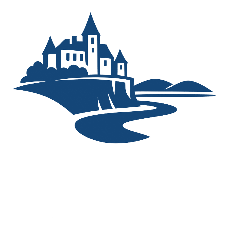 Castle on a bluff overlooking a winding river icon